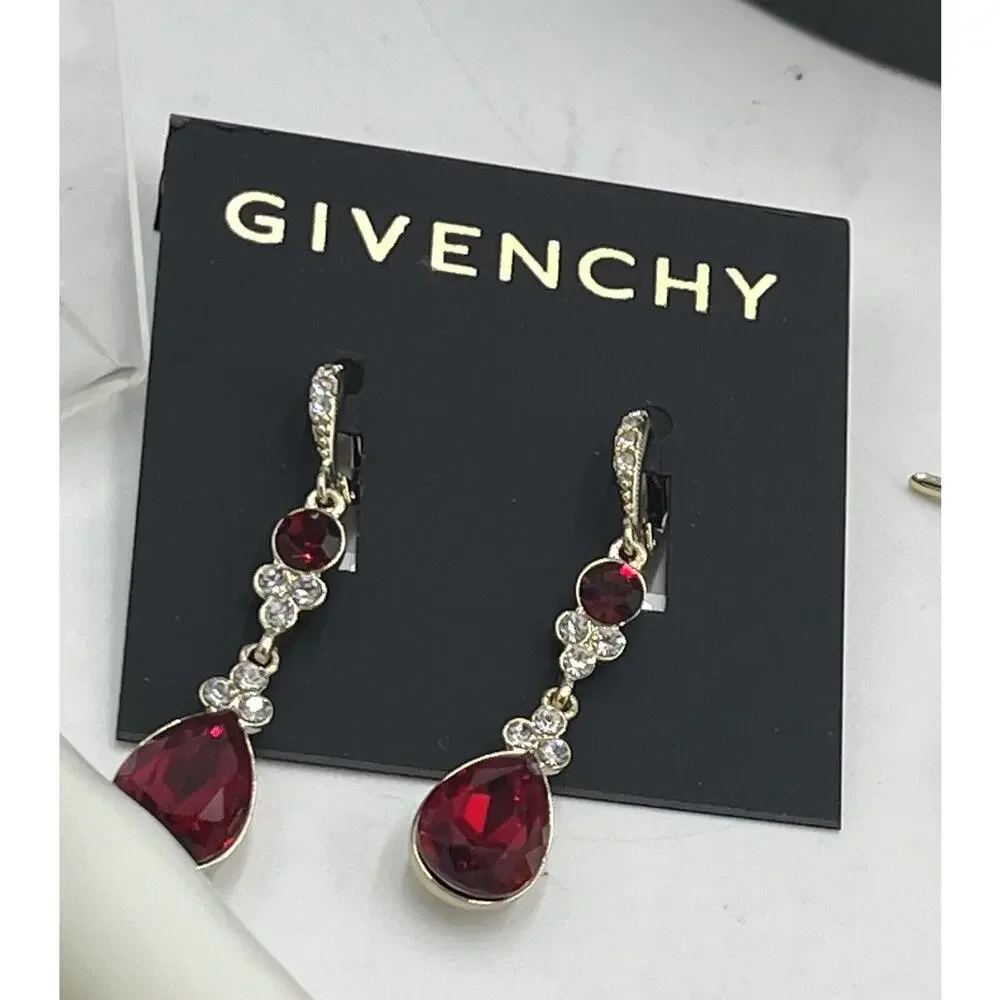 Givenchy Womens Gold‎ Tone Red Clear Crystal Dangle Drop Lever-back Earring New